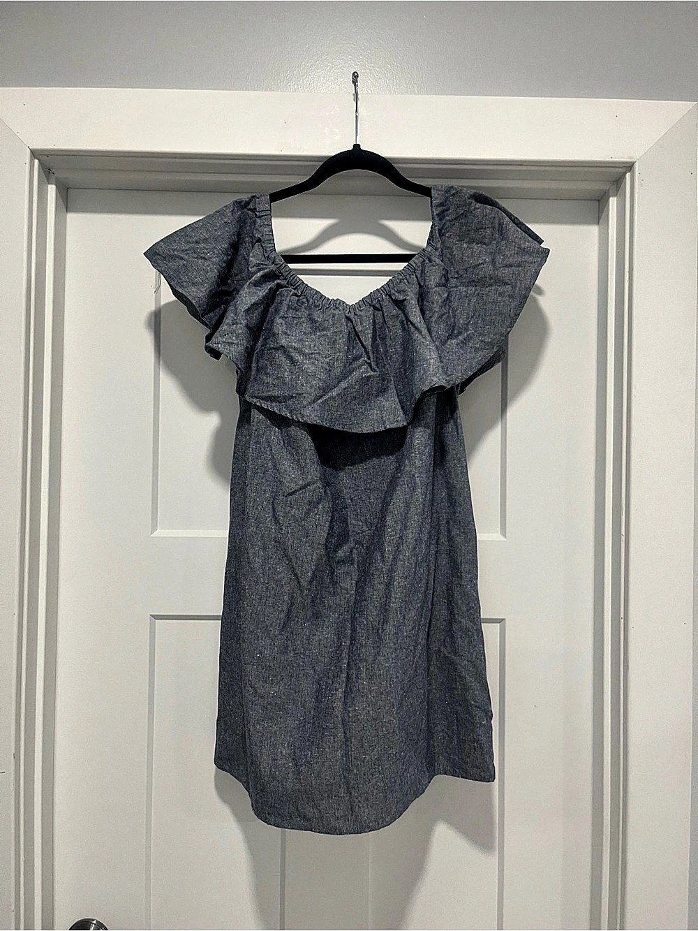DO+BE Linen Blend Chambray Mini Dress Ruffle Blue Large NWT